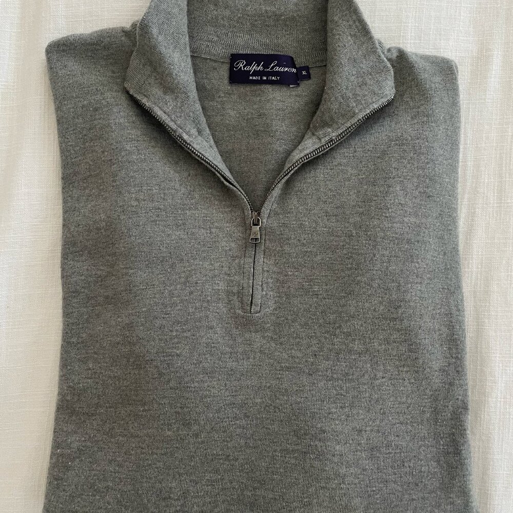 Ralph Lauren Purple Label 100% Merino Wool mens half zip mock neck sweater grey